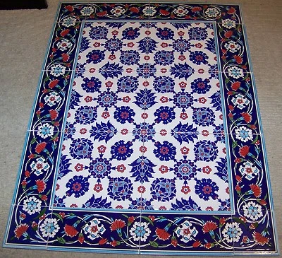 Raised Iznik Carnation Pattern Border 32"x24" Turkish Ceramic Tile Mural Panel - Image 1 of 2