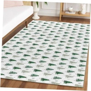  Xmas Tree Snowflakes Christmas Area Rug, Winter Home Decor 5' x 7' White/Green - Picture 1 of 7