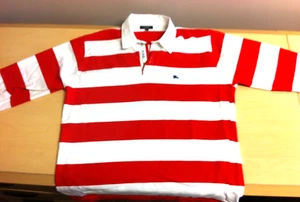 Burberry London 100% Cotton Red White Striped Long Sleeve Polo Sweatshirt Large - Picture 1 of 8