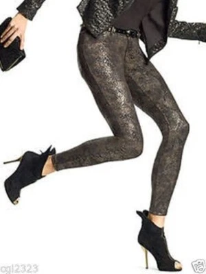 HUE Negro Satinado Jersey Pitón Estampado Lámina Leggings Bolsillos Cremallera Mosca Mediano NUEVO $58 Foto 1 de 4