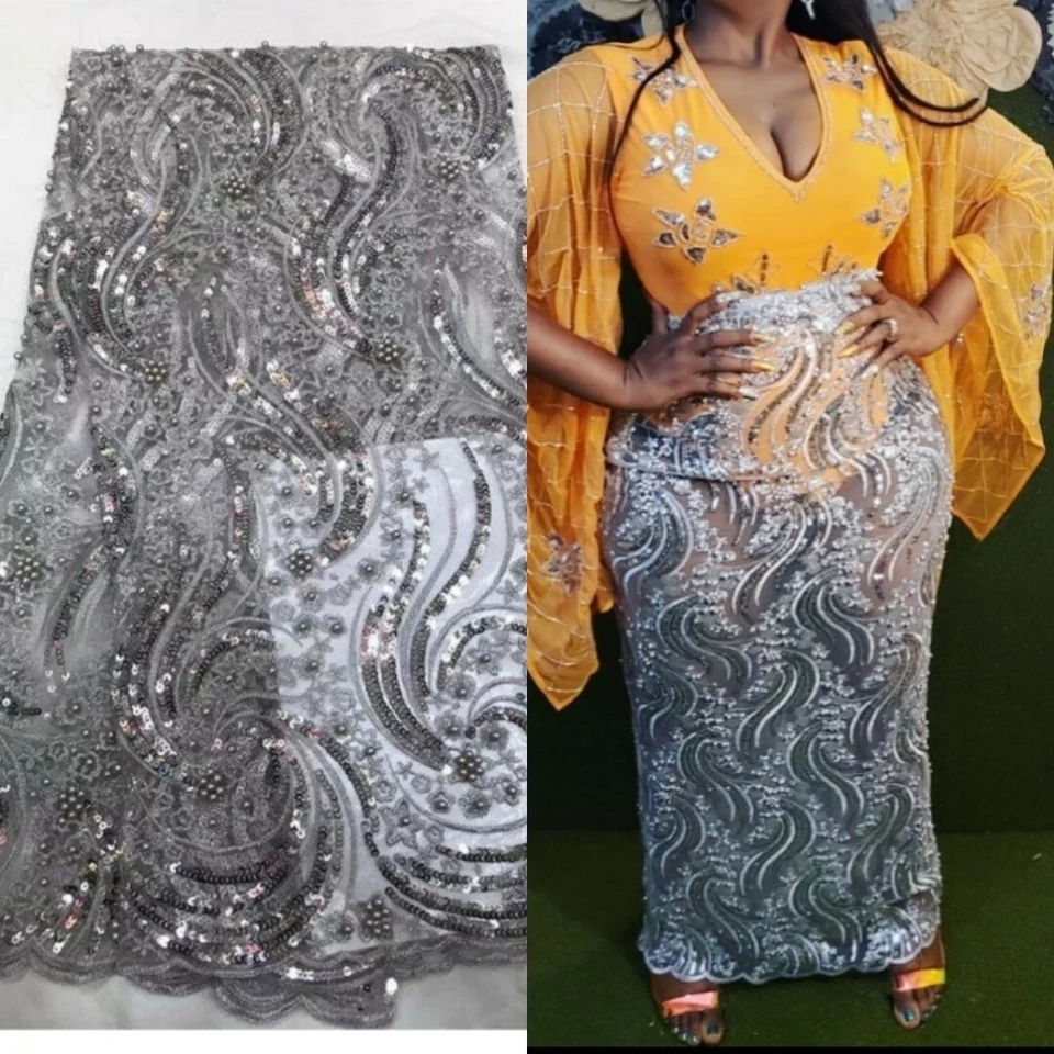 Malla nupcial plateada con tela de encaje bordada con cuentas floral - 1 yarda Foto 1 de 4