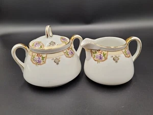 VTG Nippon Hand Painted Sugar Creamer Set Porcelain Floral Gold Trim - Picture 1 of 12