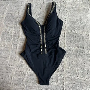 Profile One-piece Black With Leopard Print Trim Swimsuit Size 10 - Picture 1 of 6