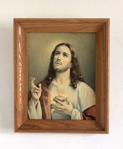 Vintage Wood Framed Print Religious Sacred Heart Of Jesus 11.5” Inches Height - Picture 1 of 20