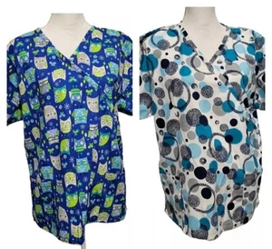 Bonita Scrubs Womens Scrub Top Size XL Circles Butterflies Flowers Owls Colorful - Picture 1 of 11