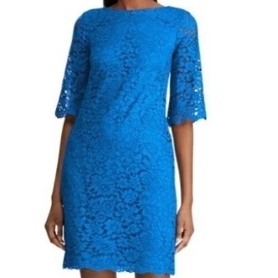 Lauren Ralph Lauren Lace Dress Scalloped Cocktail Party Royal Blue 14P Flawless - Image 1 of 4