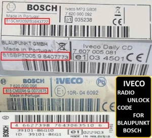 Unlock Pin Code provided IVECO DAILY BLAUPUNKT BOSCH IVECO CD Radio Code Stereo - Picture 1 of 2