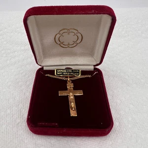 Vintage 14k Gold Filled Crucifix Necklace 20" Cable Chain Stainless - Picture 1 of 12