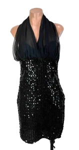 Vintage 90s L.A. Glo Sequin Black Metallic Chiffon Halter Disco Mini Dress 7/8 - Picture 1 of 10