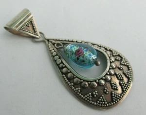 925 Sterling Silver Teardrop Pendant w/ Blue Glass Bead Bali ~FREE Gift Box~ - Picture 1 of 12