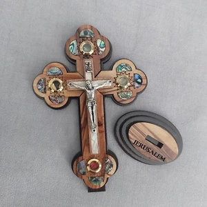 Orthodx Cross Crucifix olive wood with sea shell stand hand made holy land 14cm - Picture 1 of 6