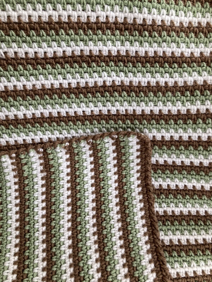 NEW HANDMADE crocheted afghan blanket throw Approx 53x39 Brown Wh Green - Image 1 of 4
