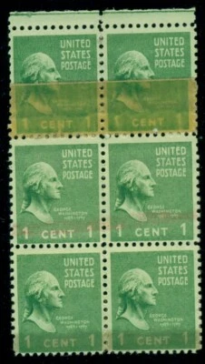 US #804, 1¢ Prexie, Block of 6 w/DOUBLE THICK PAPER & TAPE, RED CRAYON REJECTION - Image 1 of 2