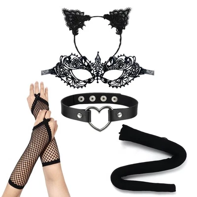5PCS Women Halloween Dark Cat Cosplay Set Lace Mask Headband Tail Necklace Glove - Image 1 of 4