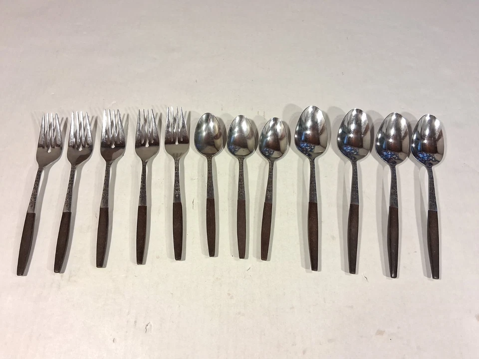 12 Piece Interpur Stainless Steel Flatware Wood Handles Japan - Image 1 of 4