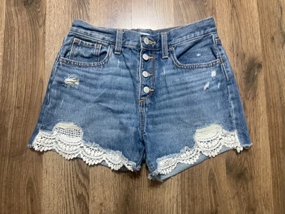 Pantalones Cortos Old Navy, Jóvenes Niñas Talla 16, Azul, Pantalones Cortos Jean, Encaje Blanco, Recortado Foto 1 de 4