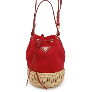 PRADA Drawstring bucket bag Canvas/Raffia Red 1BH115 - Picture 1 of 17