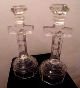 Set of 2 Glass Jesus on Cross 10" Taper Candle Stick Holder Pair Religious - Picture 1 of 7
