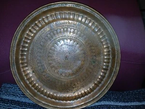 Antique Persian Moroccan Islamic Etched Copper Serving Tray 13" - Picture 1 of 16