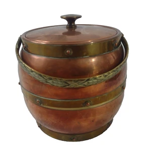 Biscuit Barrel or Ice Bucket Copper & Brass Trade Marked Linton Signed 13cm Org - Picture 1 of 15