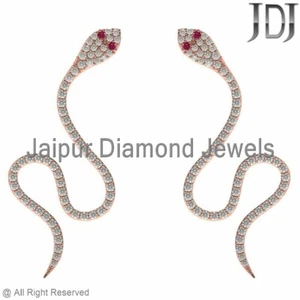 Natural Pavé Diamante Blanco Rubí 14k Oro Rosa Snake Ear Cuff Pendientes Joyería - Imagen 1 de 5