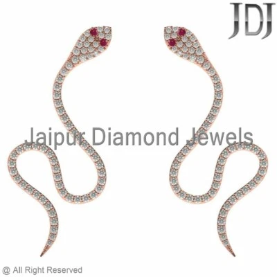 Pendientes brazalete oreja serpiente oro rosa 14k rubí diamante blanco pavé natural joyería Foto 1 de 4