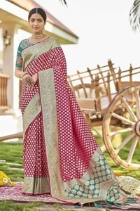 Women's adorable woven pattern Banarasi Silk saree With Unstitched Blouse Piece - Picture 1 of 6