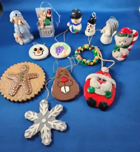 Set of 13 Ornaments Christmas Snowman Angel Wreath Reindeer Clay Craft Handmade - Picture 1 of 12