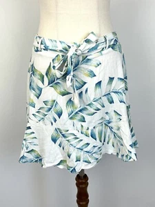 Linen Lux Label Designer Womens Skirt White Leaf Tropical Mini Ruffle Boho 8 S - Picture 1 of 8