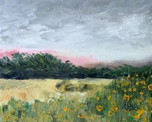 Original Oil Landscape Painting Sunset over Field of Yellow Flowers Signed 8x10” - Picture 1 of 4