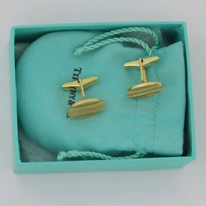 TIFFANY & CO. Yellow Gold 14K (585) Oval Stripe Cufflinks - Good Condition - Picture 1 of 9