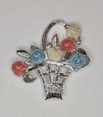 Broche canasta tono plata con flores celuloides - Usado en Excelente Condición Foto 1 de 4