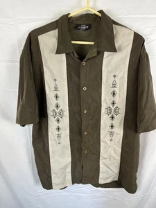 City Impact Mens Cuban? Shirt DARK GREEN/Beige Embroidered Size Large - Picture 1 of 4