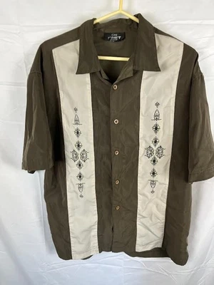 City Impact Mens Cuban?  Shirt DARK GREEN/Beige Embroidered Size  Large - Image 1 of 4