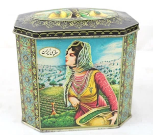 Rara scatola di latta vuota da tè iraniano vintage Iran persiano dinastia Pahlavi vecchia - Foto 1 di 11