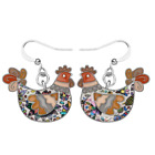 Enamel Brown Multi-Colored Chicken Hen Dangle Wire Hook Earrings
