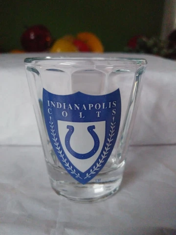 Shot Glass Indianapolis Colts Clear w/White Letters on Blue Shield Made In USA Cover