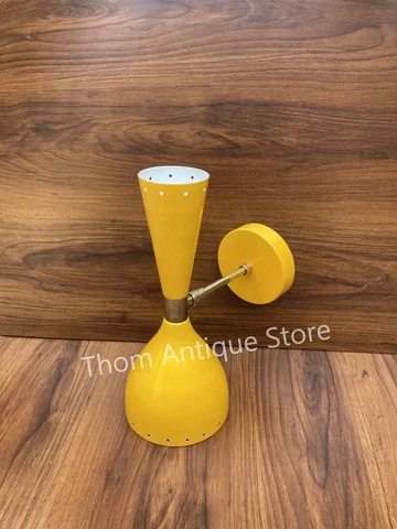 1950's Mid Century Brass Italian yellow Diabolo Wall Sconce Light Fixture 2 Bulb Cover