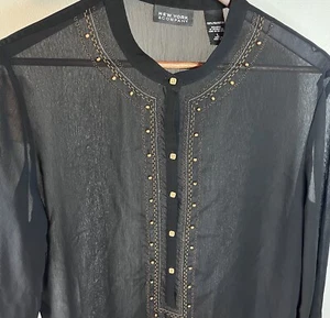 NEW YORK & COMPANY Sheer Black Embroidered Beaded Tunic Swim Cover-Up Large - Picture 1 of 14