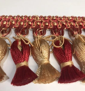 3” Tassel Trim Fringe W/ Gimp Top Red / Gold - Sold By The Yard. - Picture 1 of 3