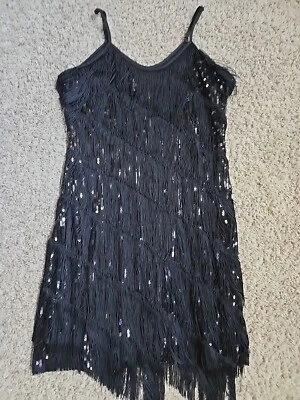 Black 1920 Flapper Womans Sz XL Sequins Fringe Speak Easy Gatsby Halloween Dress - Image 1 of 4