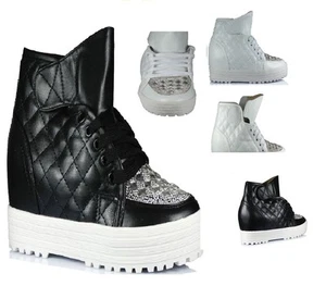 NEW WOMENS  HI TOPS CELEBRITY STYLE SHOES BOOTS WEDGE TRAINERS QUILTED ANKL SIZE - Picture 1 of 14