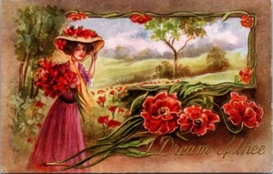 Postkarte I Dream of Thee Romance Damen Hut Mohnblumen Gibson Mädchen - Bild 1 von 2
