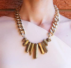 Crystal Quartz Golden Chunky Necklace Handmade - Picture 1 of 4