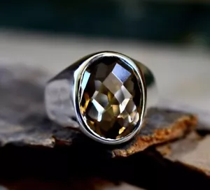 Solid 925 Sterling Silver Natural Brown Smoky Quartz Gemstone Signet Men's Ring - Picture 1 of 8
