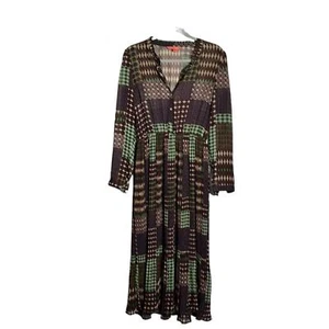 ModCloth Green and Brown Geometric Print Long Sleeve Dress Pleated Bottom Sz L - Picture 1 of 9