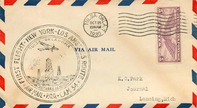 C12 GREAT STAMP, 1930, FIRST FLIGHT, NEW YORK-LOS ANGELES ROUTE 34, P.O.D., - Image 1 of 2