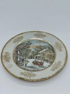 Placa Coleccionista Iridiscente Borde Dorado Perla CURRIER & IVES INVIERNO - Imagen 1 de 5