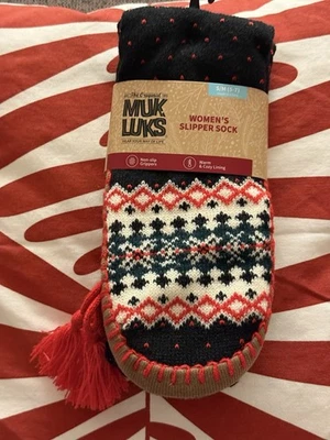 Meias chinelo Muk Luks femininas branco/vermelho/preto borla P/M 5-7 quente aconchegante antiderrapante - Imagem 1 de 4