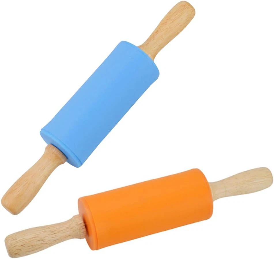 2 Pack Kids Size Wooden Handle Rolling Pin Non Stick Silicone Orange and Blue